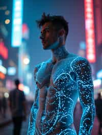 man wearing  holographic nightclub outfit in a cybernetic cityscape