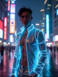 man wearing  holographic nightclub outfit in a cybernetic cityscape