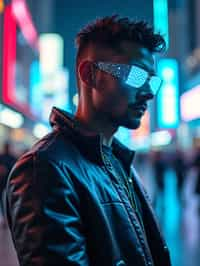 man wearing  holographic nightclub outfit in a cybernetic cityscape