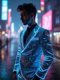 man wearing  holographic nightclub outfit in a cybernetic cityscape