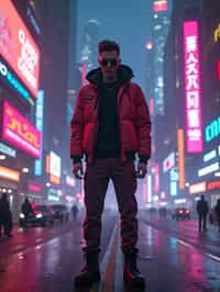 cyberpunk man with futuristic cyberpunk neon clothes standing in cyberpunk city with neon lights city on Mars in future, neon billboards, skyscrapers