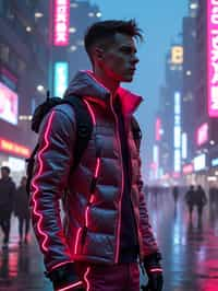 cyberpunk man with futuristic cyberpunk neon clothes standing in cyberpunk city with neon lights city on Mars in future, neon billboards, skyscrapers