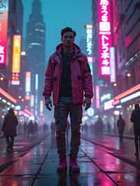 cyberpunk man with futuristic cyberpunk neon clothes standing in cyberpunk city with neon lights city on Mars in future, neon billboards, skyscrapers