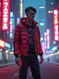 cyberpunk man with futuristic cyberpunk neon clothes standing in cyberpunk city with neon lights city on Mars in future, neon billboards, skyscrapers