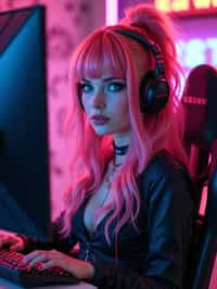 amazingly detailed man, masterpiece, ultra hd, full shot, dynamic angle, beautiful girl, computer gamer, gaming computer, gaming chair, playing cyberpunk 2077, neon bedroom, streamer setup, , cyberpunk theme, wild long hair, Wavy Cut with Curtain Bangs, bubblegum pink hair, high detail hair, smokey eye shadow, high detail skin, high detail eyes, seductive eyes, smokey makeup