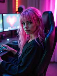 amazingly detailed man, masterpiece, ultra hd, full shot, dynamic angle, beautiful girl, computer gamer, gaming computer, gaming chair, playing cyberpunk 2077, neon bedroom, streamer setup, , cyberpunk theme, wild long hair, Wavy Cut with Curtain Bangs, bubblegum pink hair, high detail hair, smokey eye shadow, high detail skin, high detail eyes, seductive eyes, smokey makeup