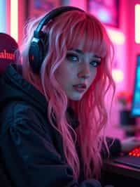 amazingly detailed man, masterpiece, ultra hd, full shot, dynamic angle, beautiful girl, computer gamer, gaming computer, gaming chair, playing cyberpunk 2077, neon bedroom, streamer setup, , cyberpunk theme, wild long hair, Wavy Cut with Curtain Bangs, bubblegum pink hair, high detail hair, smokey eye shadow, high detail skin, high detail eyes, seductive eyes, smokey makeup