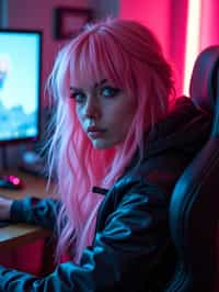 amazingly detailed man, masterpiece, ultra hd, full shot, dynamic angle, beautiful girl, computer gamer, gaming computer, gaming chair, playing cyberpunk 2077, neon bedroom, streamer setup, , cyberpunk theme, wild long hair, Wavy Cut with Curtain Bangs, bubblegum pink hair, high detail hair, smokey eye shadow, high detail skin, high detail eyes, seductive eyes, smokey makeup