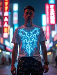 man wearing  holographic t-shirt and cybernetic trousers in a neon-lit Bladerunner-inspired cityscape