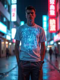 man wearing  holographic t-shirt and cybernetic trousers in a neon-lit Bladerunner-inspired cityscape