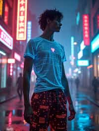 man wearing  holographic t-shirt and cybernetic trousers in a neon-lit Bladerunner-inspired cityscape