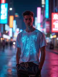 man wearing  holographic t-shirt and cybernetic trousers in a neon-lit Bladerunner-inspired cityscape