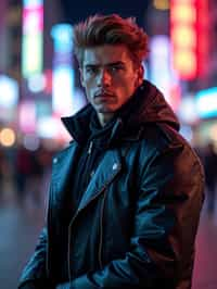 cosplayer man in a cyberpunk outfit, posing against the backdrop of bright city lights