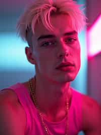 man with platinum blonde hair, in neon bar, cyberpunk, pink latex crop top, professional award winning photography, beautiful detailed eyes, highly detailed glossy eyes, high detailed skin, skin pores