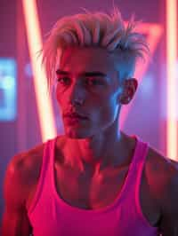 man with platinum blonde hair, in neon bar, cyberpunk, pink latex crop top, professional award winning photography, beautiful detailed eyes, highly detailed glossy eyes, high detailed skin, skin pores