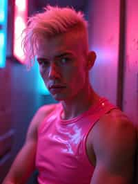 man with platinum blonde hair, in neon bar, cyberpunk, pink latex crop top, professional award winning photography, beautiful detailed eyes, highly detailed glossy eyes, high detailed skin, skin pores