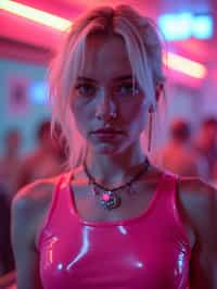 man with platinum blonde hair, in neon bar, cyberpunk, pink latex crop top, professional award winning photography, beautiful detailed eyes, highly detailed glossy eyes, high detailed skin, skin pores