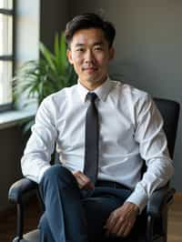 headshot of man, sitting at a desk, at a (office),  shirt and tie and suit pants