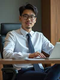 headshot of man, sitting at a desk, at a (office),  shirt and tie and suit pants