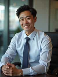 headshot of man, sitting at a desk, at a (office),  shirt and tie and suit pants