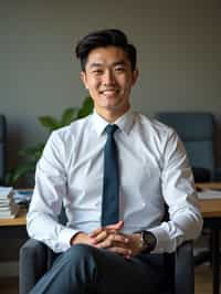 headshot of man, sitting at a desk, at a (office),  shirt and tie and suit pants