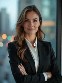 8k professional headshot of woman, crisp details, studio backdrop, executive attire, confident posture, neutral expression, high-definition, corporate setting, sharp focus, ambient lighting, business professional, cityscape view