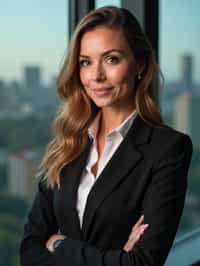 8k professional headshot of woman, crisp details, studio backdrop, executive attire, confident posture, neutral expression, high-definition, corporate setting, sharp focus, ambient lighting, business professional, cityscape view