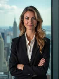 8k professional headshot of woman, crisp details, studio backdrop, executive attire, confident posture, neutral expression, high-definition, corporate setting, sharp focus, ambient lighting, business professional, cityscape view