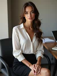 headshot of woman, sitting at a desk, at a (office), BREAK elegant blouse, pencil skirt, makeup