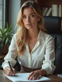 headshot of woman, sitting at a desk, at a (office), BREAK elegant blouse, pencil skirt, makeup