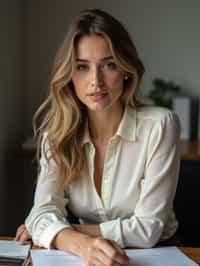 headshot of woman, sitting at a desk, at a (office), BREAK elegant blouse, pencil skirt, makeup