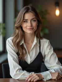 headshot of woman, sitting at a desk, at a (office), BREAK elegant blouse, pencil skirt, makeup