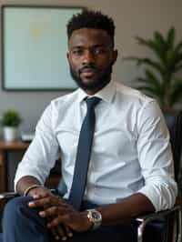 headshot of man, sitting at a desk, at a (office),  shirt and tie and suit pants