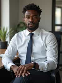 headshot of man, sitting at a desk, at a (office),  shirt and tie and suit pants