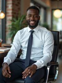 headshot of man, sitting at a desk, at a (office),  shirt and tie and suit pants