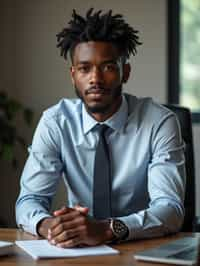 headshot of man, sitting at a desk, at a (office),  shirt and tie and suit pants