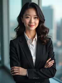 8k professional headshot of woman, crisp details, studio backdrop, executive attire, confident posture, neutral expression, high-definition, corporate setting, sharp focus, ambient lighting, business professional, cityscape view