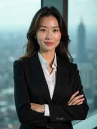 8k professional headshot of woman, crisp details, studio backdrop, executive attire, confident posture, neutral expression, high-definition, corporate setting, sharp focus, ambient lighting, business professional, cityscape view