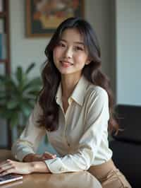 headshot of woman, sitting at a desk, at a (office), BREAK elegant blouse, pencil skirt, makeup