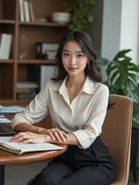 headshot of woman, sitting at a desk, at a (office), BREAK elegant blouse, pencil skirt, makeup