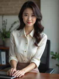 headshot of woman, sitting at a desk, at a (office), BREAK elegant blouse, pencil skirt, makeup