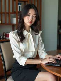 headshot of woman, sitting at a desk, at a (office), BREAK elegant blouse, pencil skirt, makeup