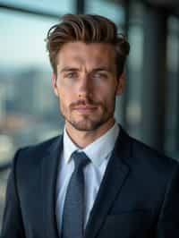 8k professional headshot of man, crisp details, studio backdrop, executive attire, confident posture, neutral expression, high-definition, corporate setting, sharp focus, ambient lighting, business professional, cityscape view