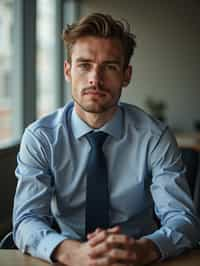 headshot of man, sitting at a desk, at a (office),  shirt and tie and suit pants