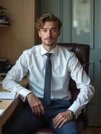 headshot of man, sitting at a desk, at a (office),  shirt and tie and suit pants