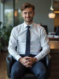 headshot of man, sitting at a desk, at a (office),  shirt and tie and suit pants