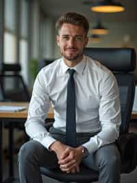 headshot of man, sitting at a desk, at a (office),  shirt and tie and suit pants