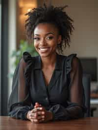 headshot of woman, sitting at a desk, at a (office), BREAK elegant blouse, pencil skirt, makeup