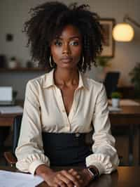 headshot of woman, sitting at a desk, at a (office), BREAK elegant blouse, pencil skirt, makeup