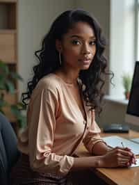 headshot of woman, sitting at a desk, at a (office), BREAK elegant blouse, pencil skirt, makeup